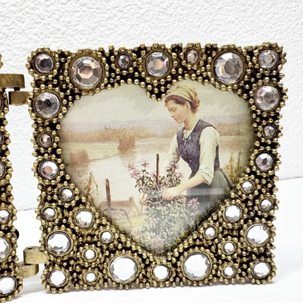 Ornate Metal Brass Double Heart Folding Picture Frame